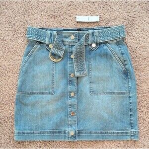 White House Black Market Denim Utility A-Line Skirt Blue Belt Pockets Size 4